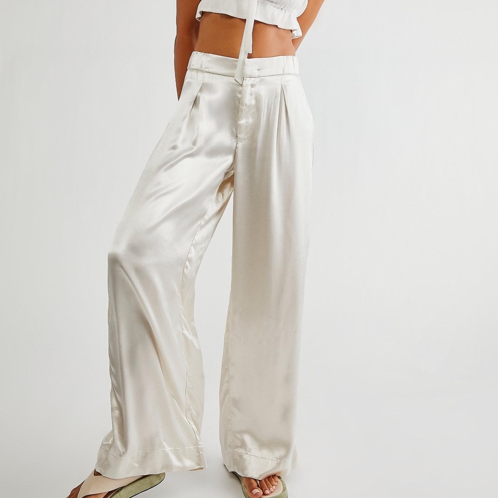 Free People Cream Satin Wide-Leg Pants